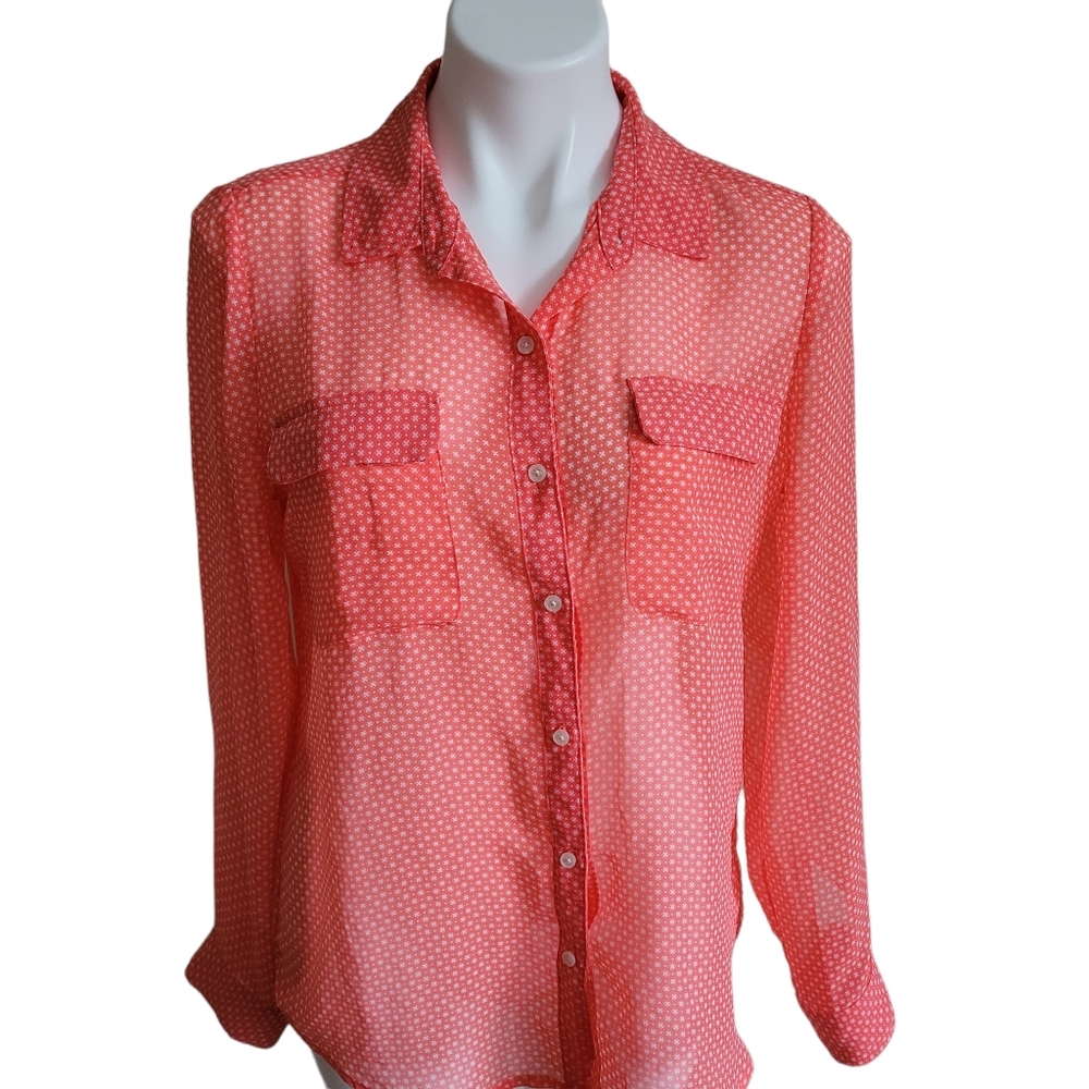 Old Navy Shirt Size Medium Button Down Sheer Orange 2 Pockets Hi-Lo